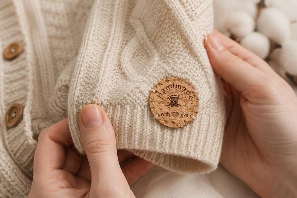 Rund korketikett med "Handmade with love", fastsydd på ett krämfärgat stickat plagg.